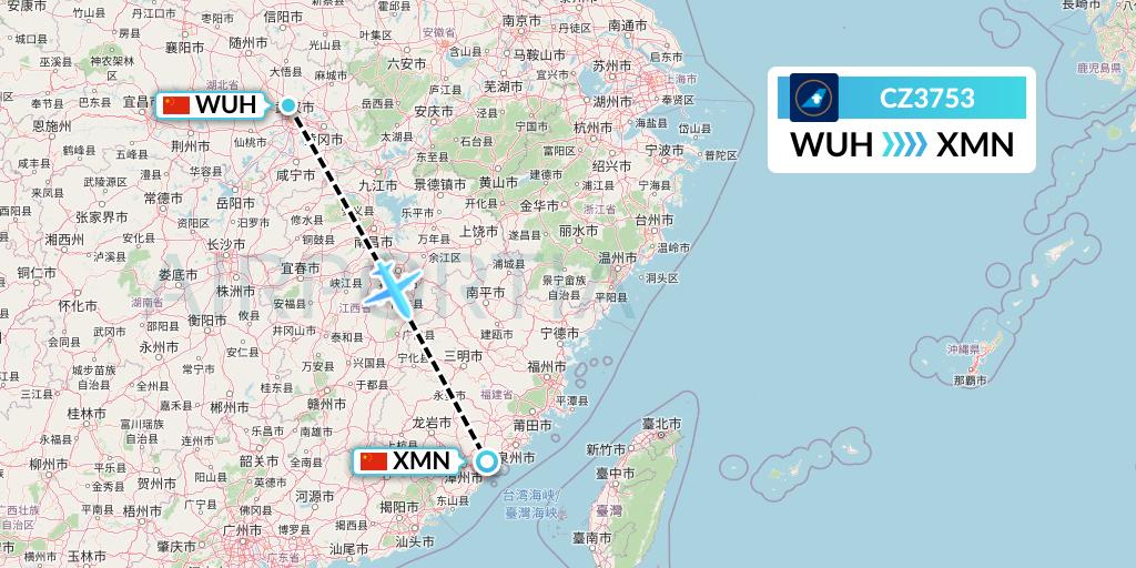 CZ3753 China Southern Airlines Flight Map: Wuhan to Xiamen