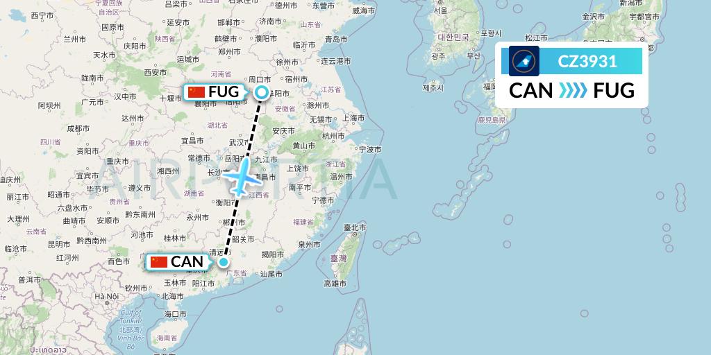 CZ3931 China Southern Airlines Flight Map: Guangzhou to Fuyang