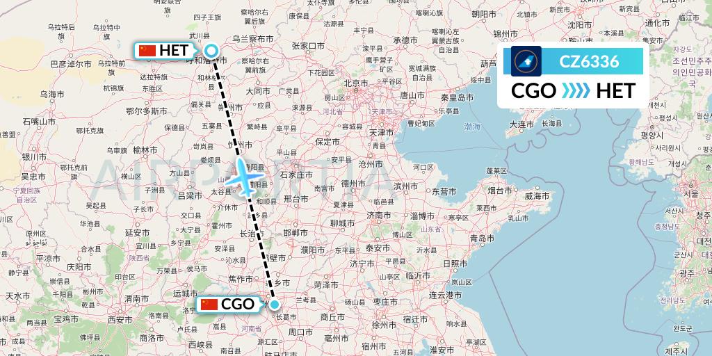 CZ6336 China Southern Airlines Flight Map: Zhengzhou to Hohhot