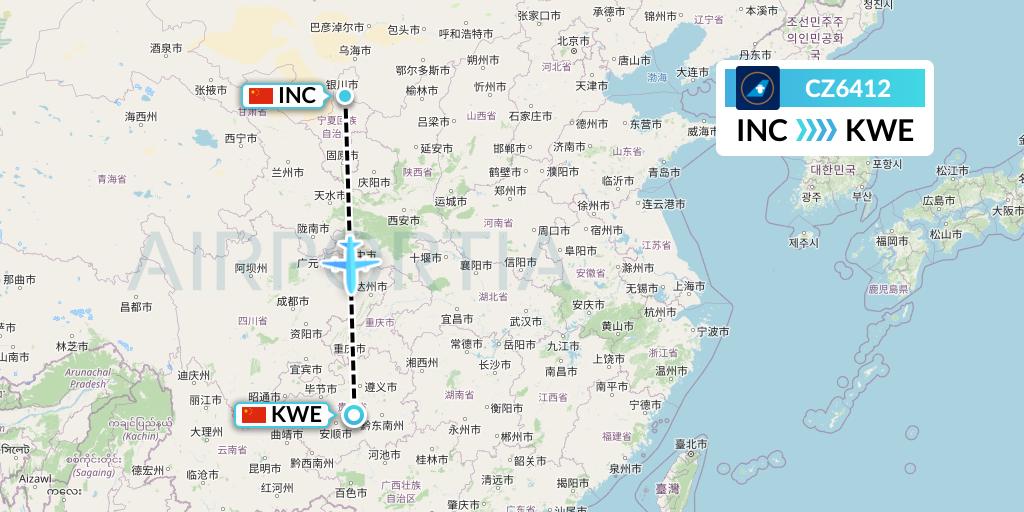 CZ6412 China Southern Airlines Flight Map: Yinchuan to Guiyang