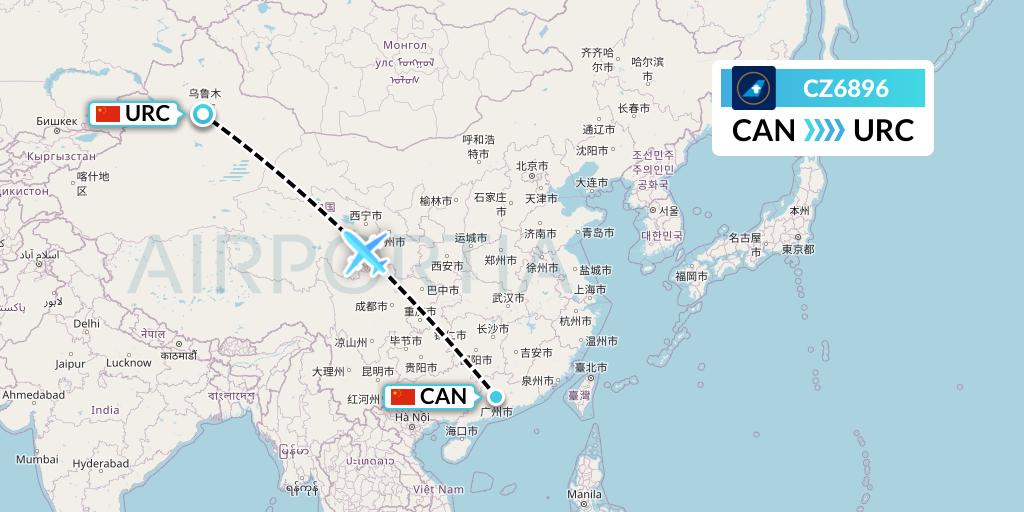 CZ6896 China Southern Airlines Flight Map: Guangzhou to Urumqi