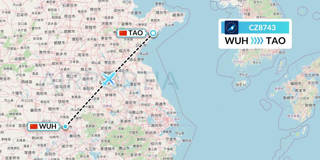 CZ8743 China Southern Airlines Flight Map: Wuhan to Qingdao