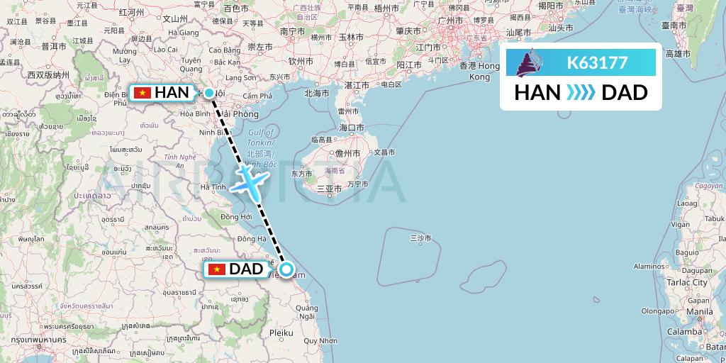 K63177 Cambodia Angkor Air Flight Map: Hanoi to Da Nang