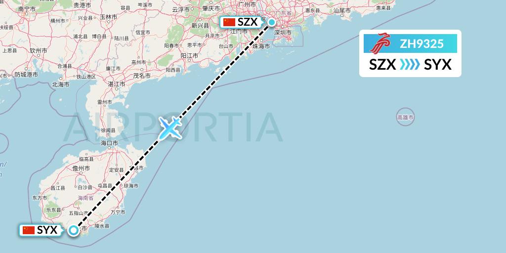 ZH9325 Shenzhen Airlines Flight Map: Shenzhen to Sanya