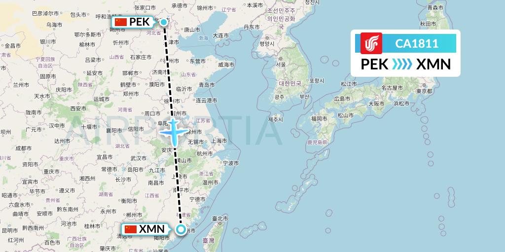 CA1811 Air China Flight Map: Beijing to Xiamen