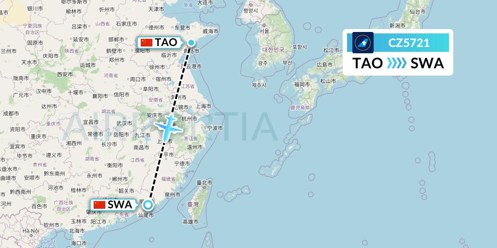 CZ5721 China Southern Airlines Flight Map: Qingdao to Jieyang