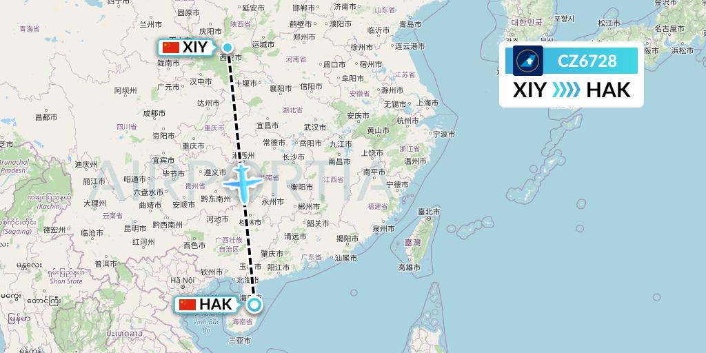 CZ6728 China Southern Airlines Flight Map: Xi'an to Haikou