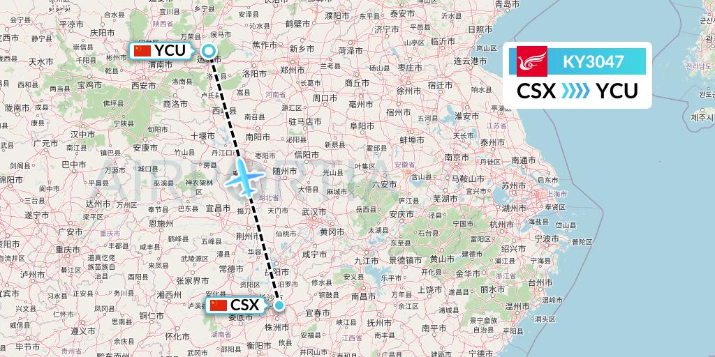 KY3047 Kunming Airlines Flight Map: Changsha to Yuncheng