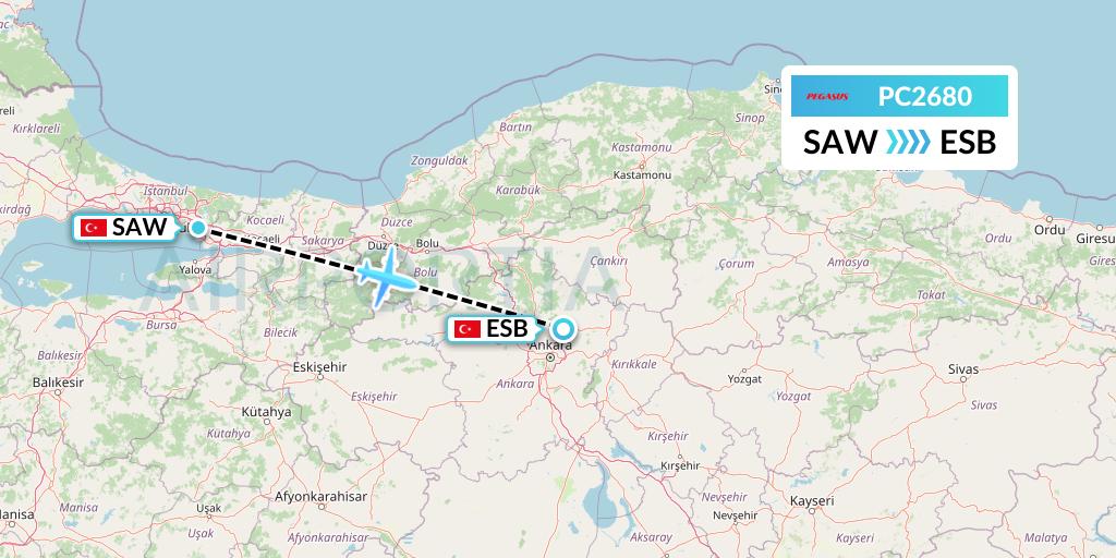 PC2680 Pegasus Airlines Flight Map: Istanbul to Ankara