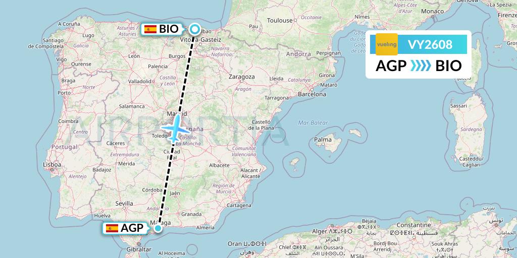 VY2608 Vueling Flight Map: Malaga to Bilbao