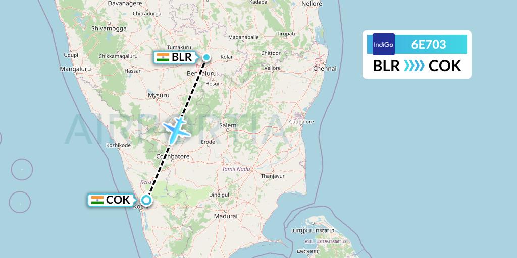 6E703 IndiGo Airlines Flight Map: Bangalore to Cochin