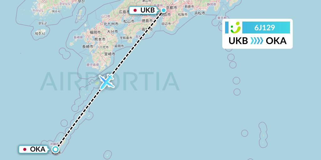 6J129 Solaseed Air Flight Map: Kobe to Naha