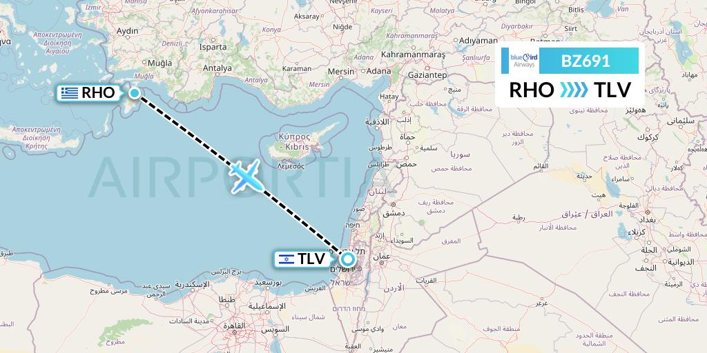 BZ691 Bluebird Airways Flight Map: Rhodes to Tel Aviv