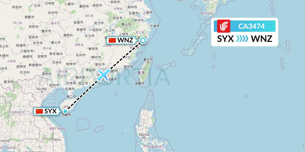 CA3474 Air China Flight Map: Sanya to Wenzhou