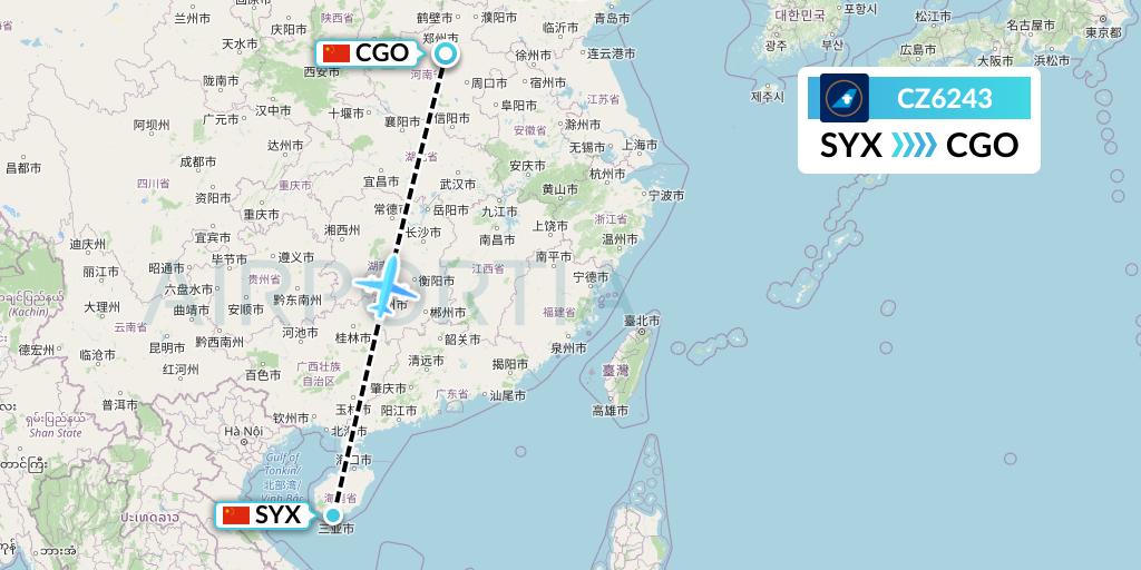 CZ6243 China Southern Airlines Flight Map: Sanya to Zhengzhou