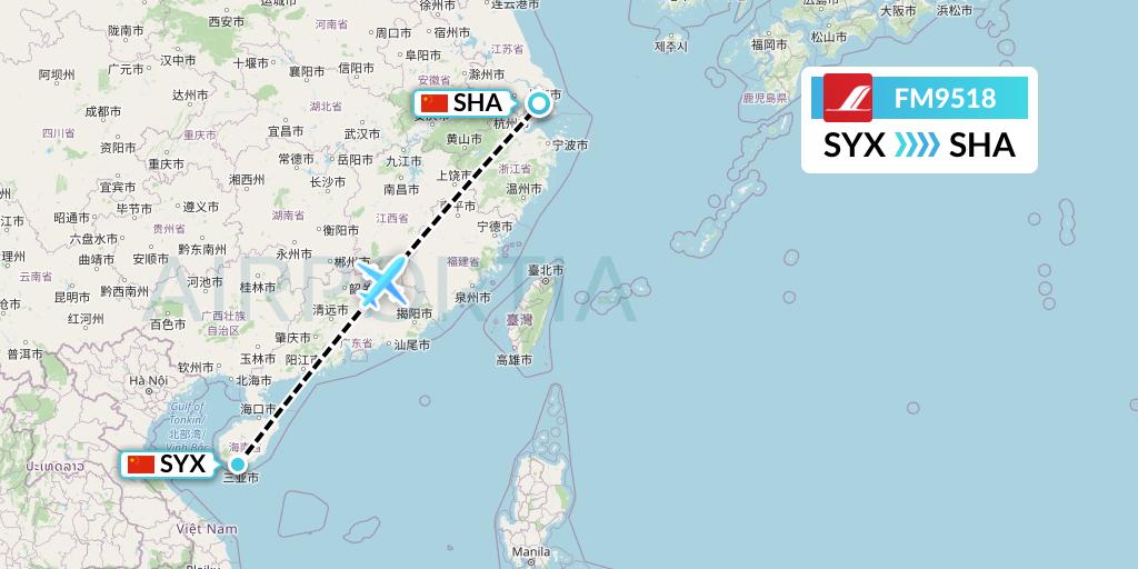 FM9518 Shanghai Airlines Flight Map: Sanya to Shanghai