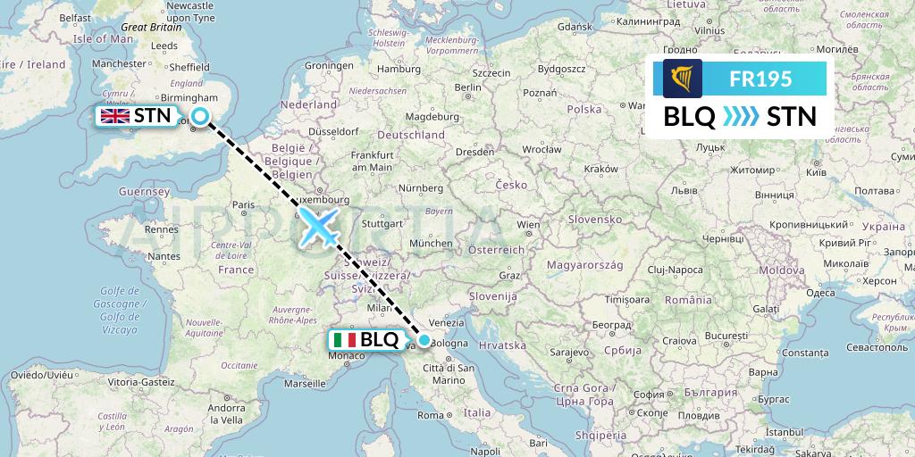 FR195 Ryanair Flight Map: Bologna to London