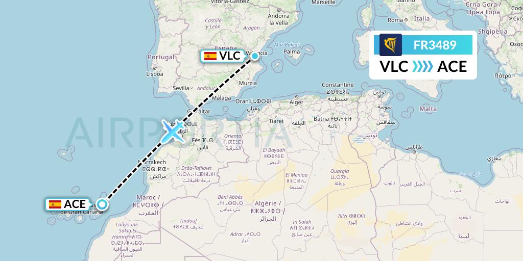 FR3489 Ryanair Flight Map: Valencia to Lanzarote