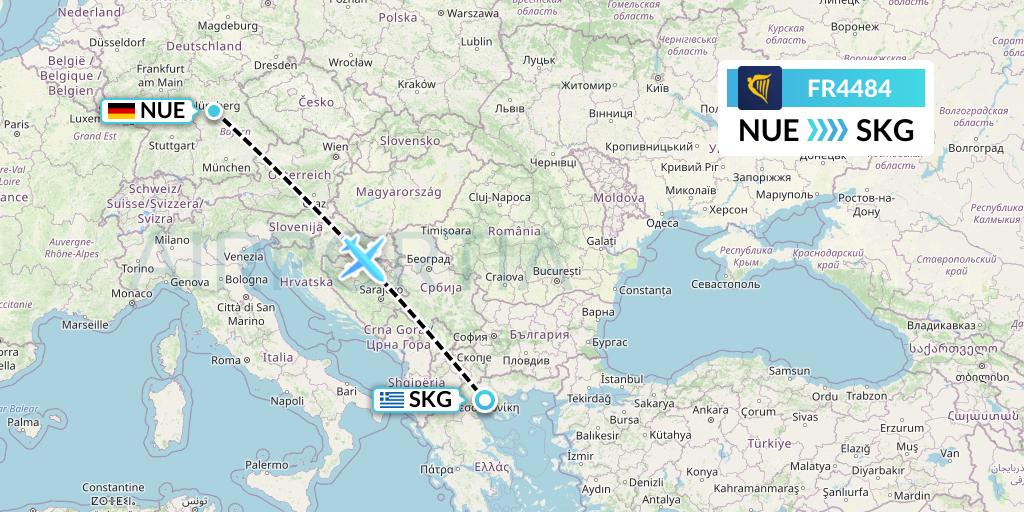 FR4484 Ryanair Flight Map: Nurnberg to Thessaloniki