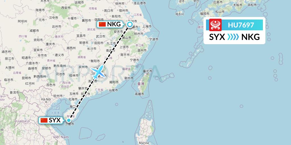 HU7697 Hainan Airlines Flight Map: Sanya to Nanjing