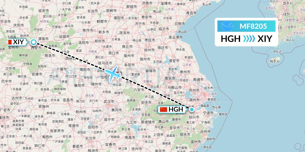 MF8205 Xiamen Airlines Flight Map: Hangzhou to Xi'an