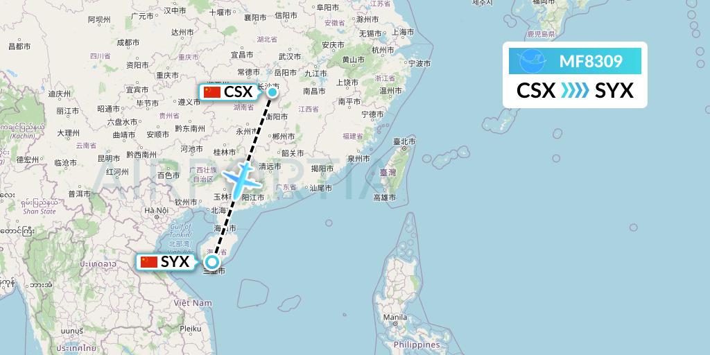 MF8309 Xiamen Airlines Flight Map: Changsha to Sanya