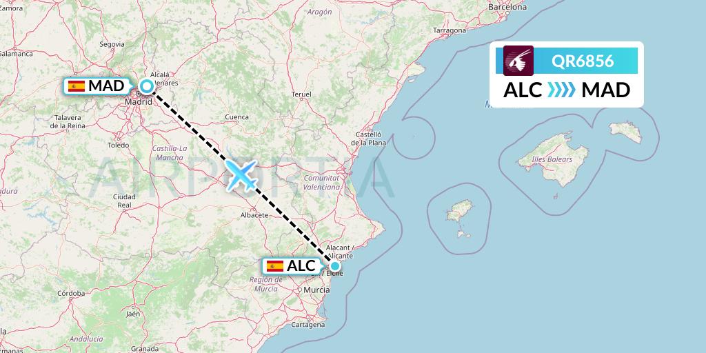 QR6856 Qatar Airways Flight Map: Alicante to Madrid