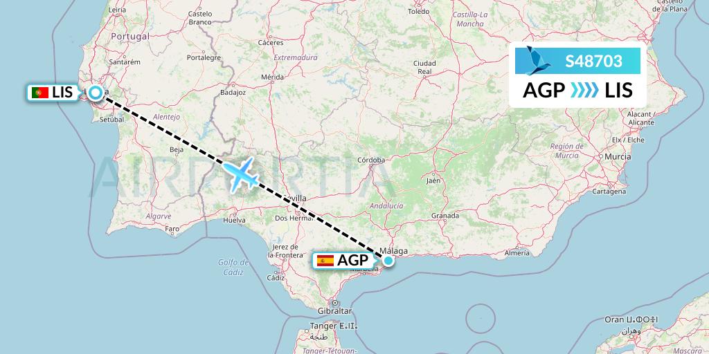 S48703 Azores Airlines Flight Map: Malaga to Lisbon