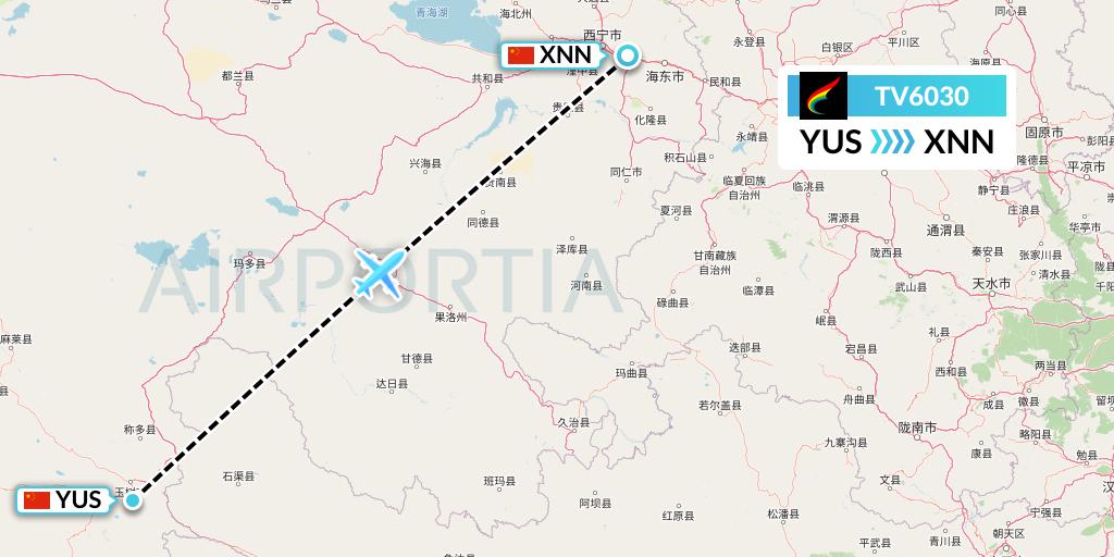 TV6030 Tibet Airlines Flight Map: Yushu to Xining