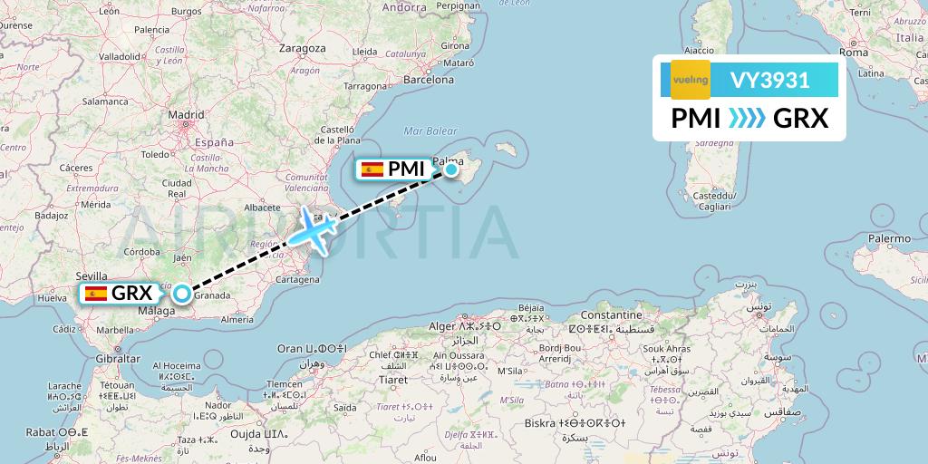 VY3931 Vueling Flight Map: Palma de Mallorca to Granada