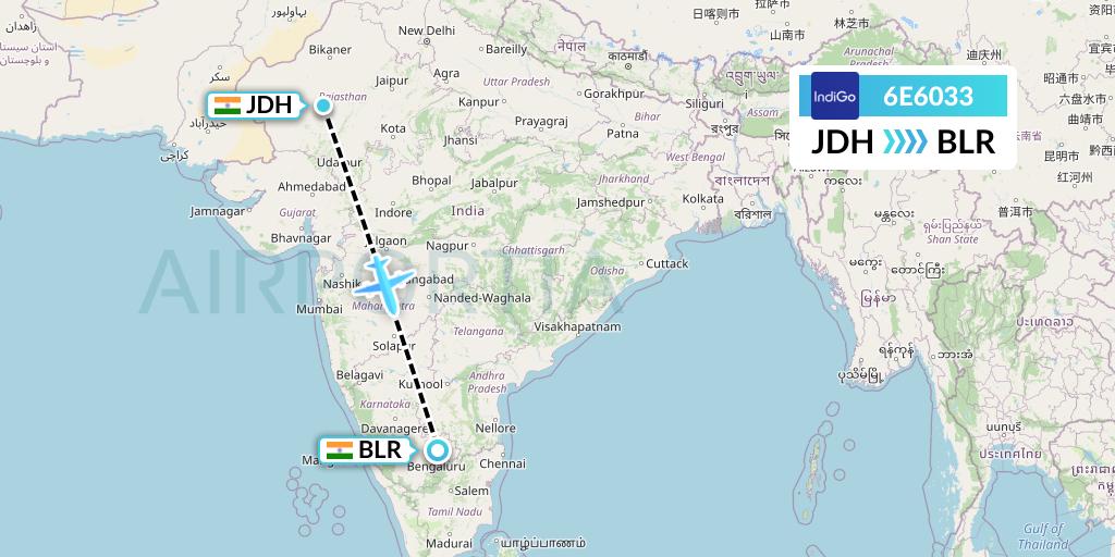 6E6033 IndiGo Airlines Flight Map: Jodhpur to Bangalore