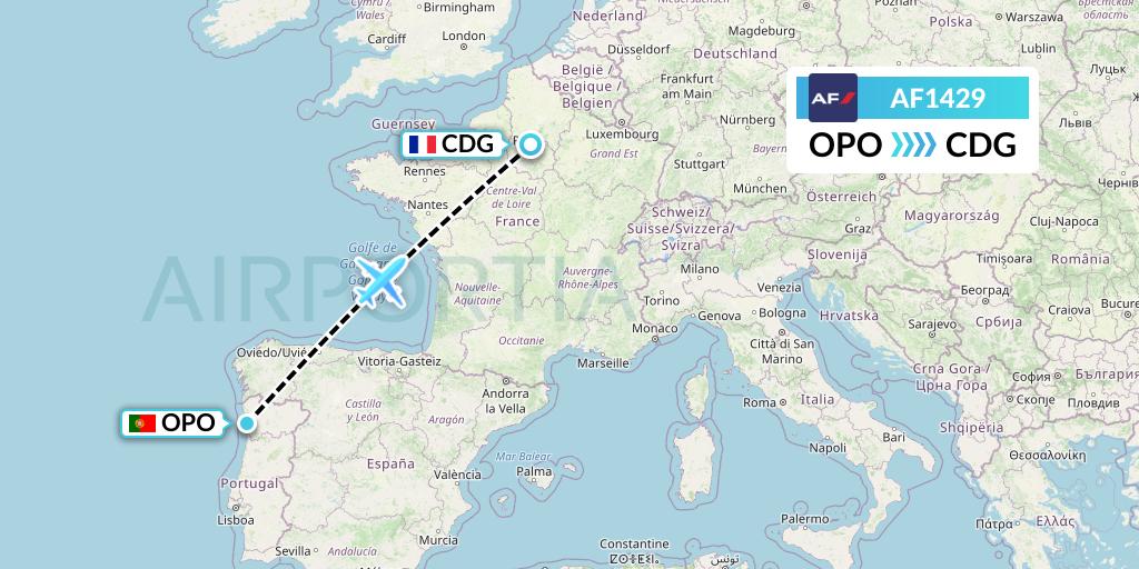 AF1429 Air France Flight Map: Porto to Paris