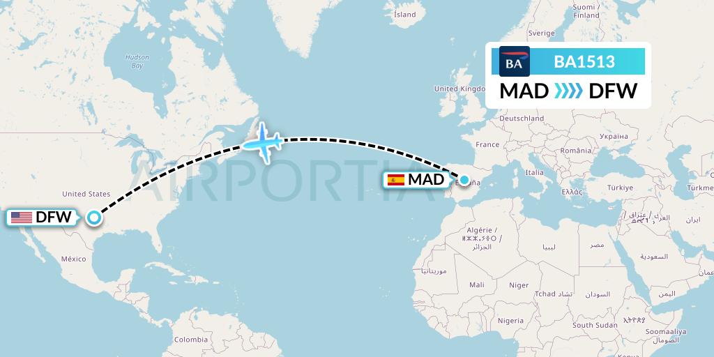 BA1513 British Airways Flight Map: Madrid to Dallas