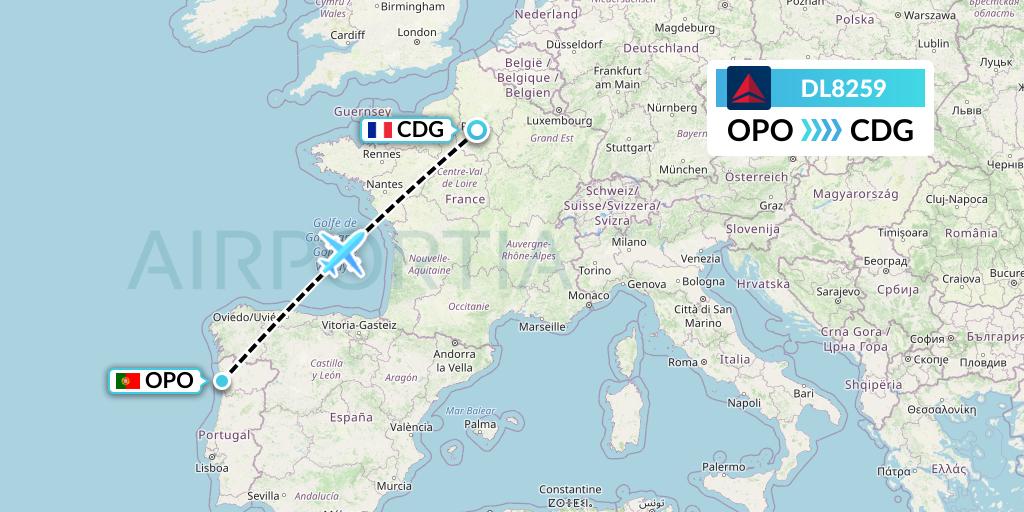 DL8259 Delta Air Lines Flight Map: Porto to Paris