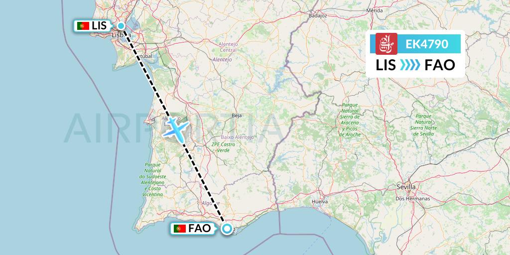 EK4790 Emirates Flight Map: Lisbon to Faro