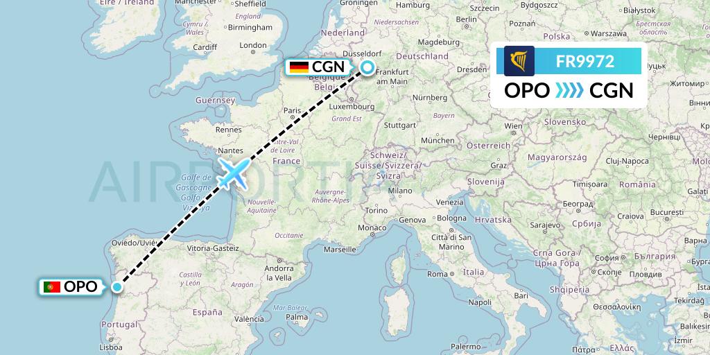 FR9972 Ryanair Flight Map: Porto to Cologne
