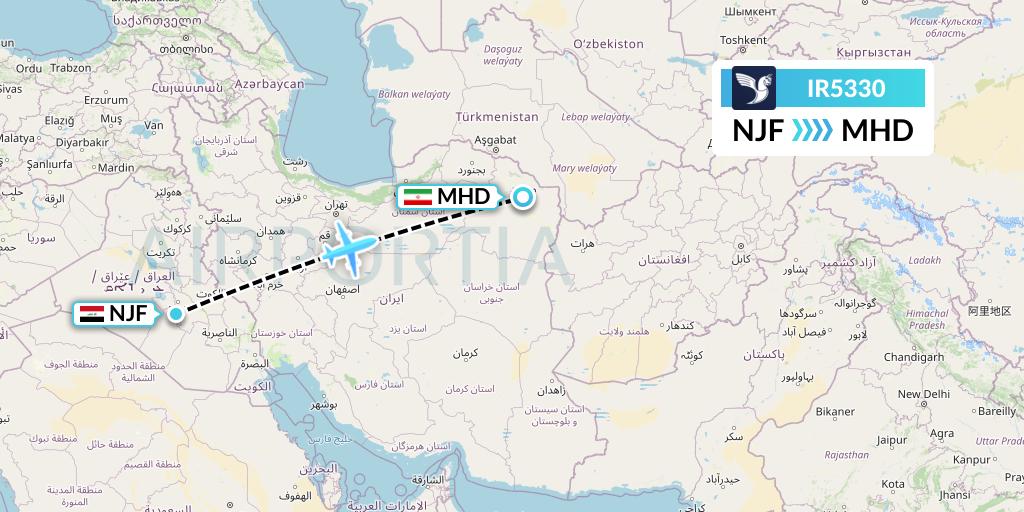 IR5330 Iran Air Flight Map: Najaf to Mashhad