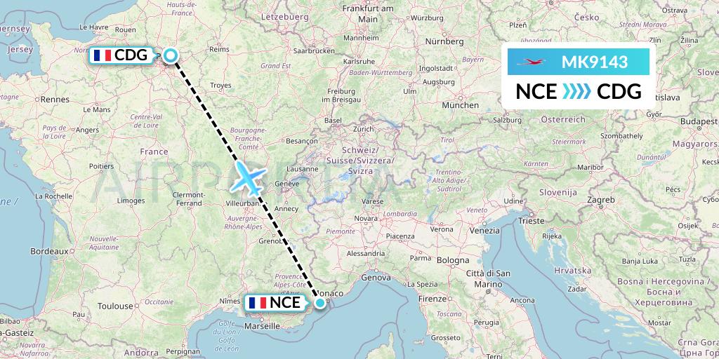 MK9143 Air Mauritius Flight Map: Nice to Paris