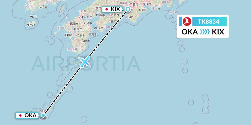 TK8834 Turkish Airlines Flight Map: Naha to Osaka