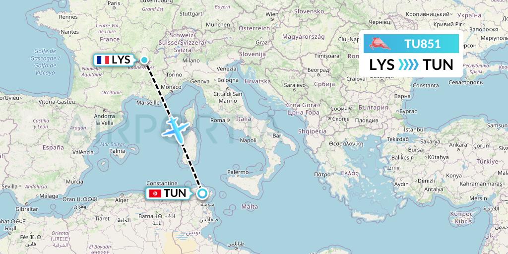 TU851 Tunisair Flight Map: Lyon to Tunis