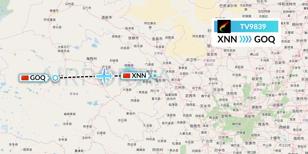 TV9839 Tibet Airlines Flight Map: Xining to Golmud