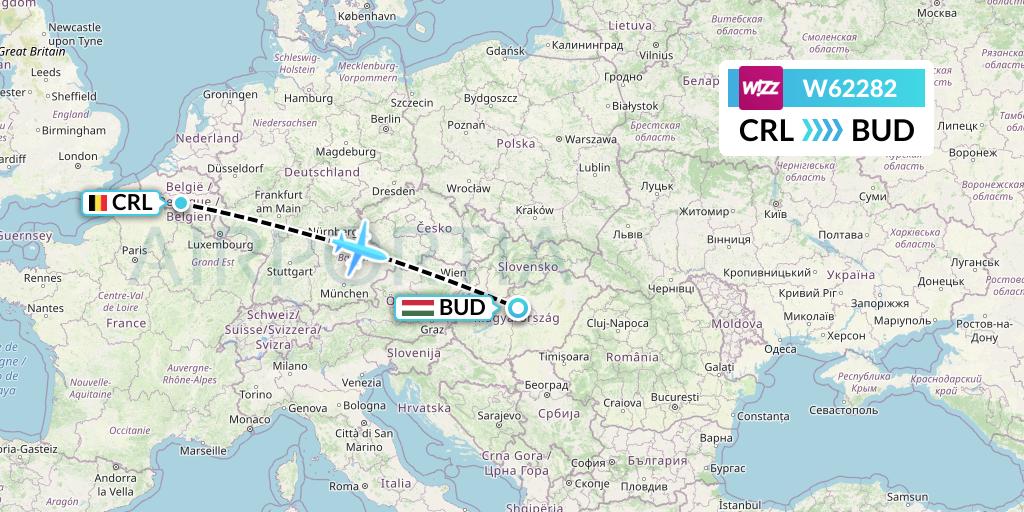 W62282 Wizz Air Flight Map: Brussels to Budapest