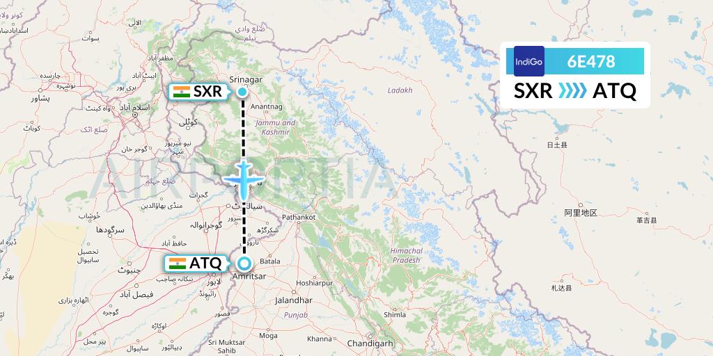 6E478 IndiGo Airlines Flight Map: Srinagar to Amritsar