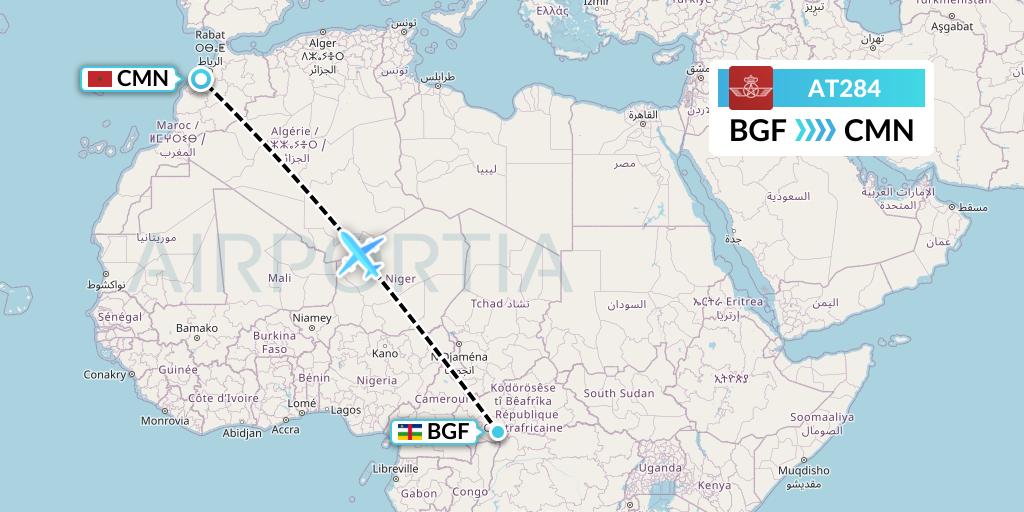 AT284 Royal Air Maroc Flight Map: Bangui to Casablanca