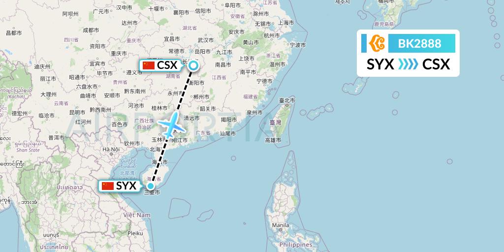 BK2888 Okay Airways Flight Map: Sanya to Changsha