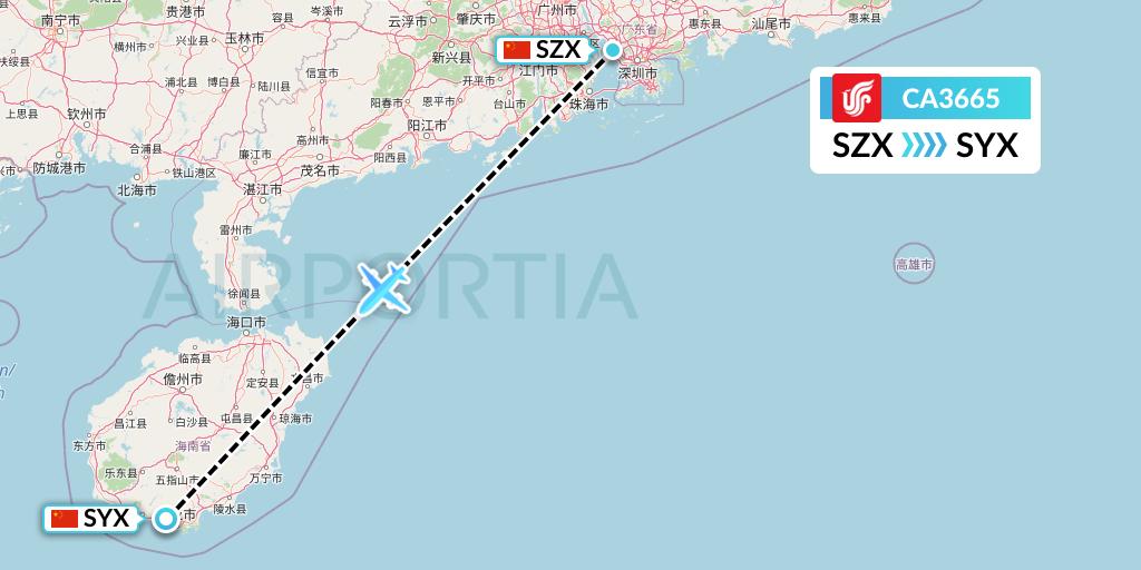 CA3665 Air China Flight Map: Shenzhen to Sanya