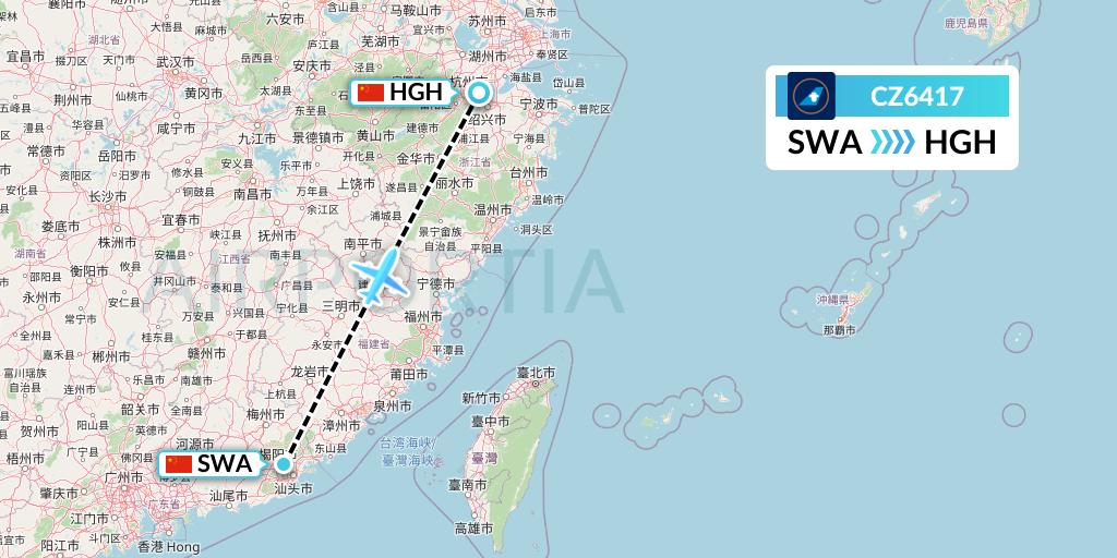 CZ6417 China Southern Airlines Flight Map: Jieyang to Hangzhou