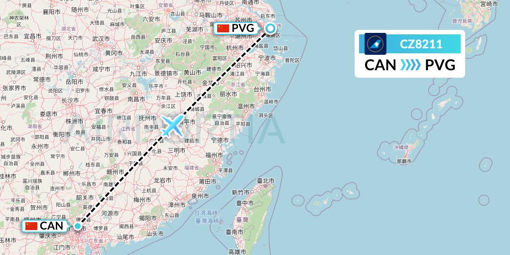 CZ8211 China Southern Airlines Flight Map: Guangzhou to Shanghai