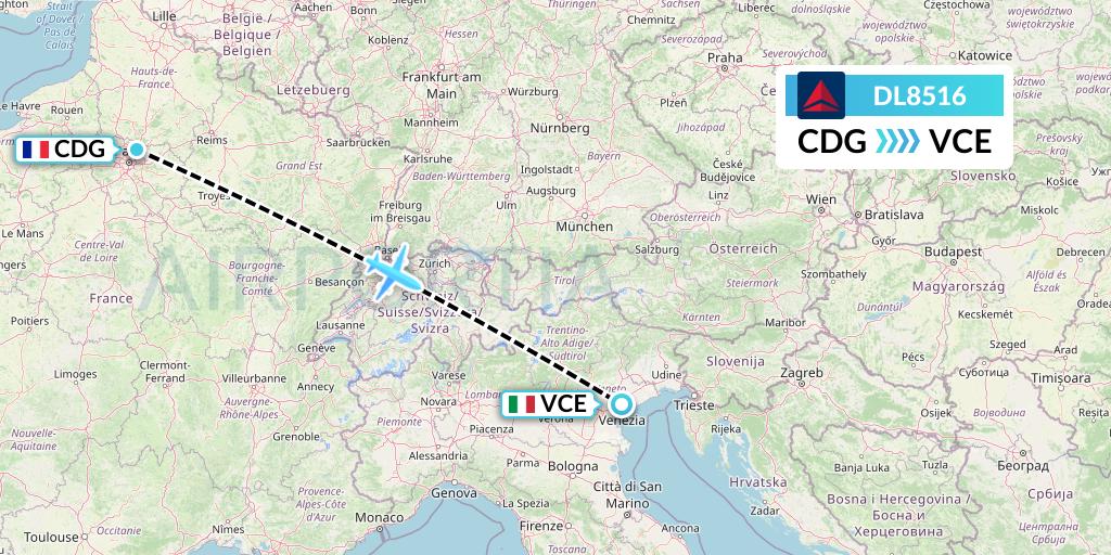 DL8516 Delta Air Lines Flight Map: Paris to Venice