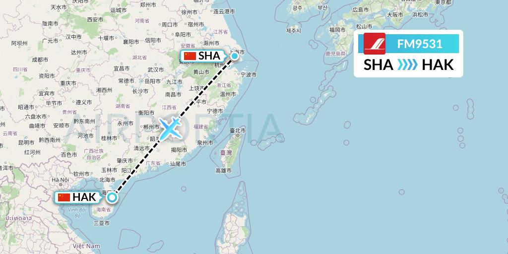 FM9531 Shanghai Airlines Flight Map: Shanghai to Haikou